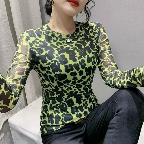 网纱豹纹T恤女长袖2024春秋新款性感气质打底衫内搭修身圆领上衣图片