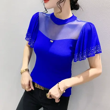 气质网纱上衣女2024夏新款性感镂空紧身小衫设计感荷叶边T恤短袖图片