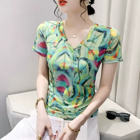 复古气质印花T恤短袖女2024新款夏季性感V领修身上衣时尚网纱小衫商品大图
