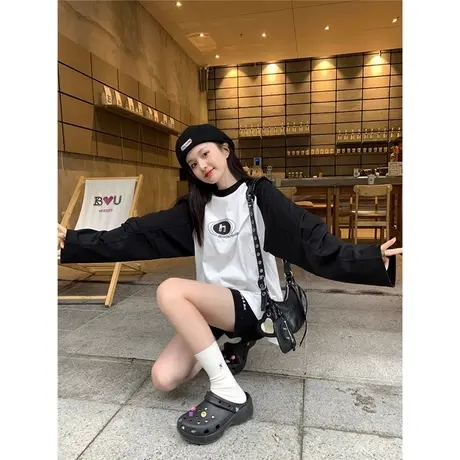 黑白撞色拼接插肩袖纯棉长袖T恤女小众2023秋冬冬季宽松打底上衣商品大图