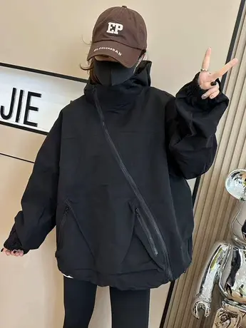 欧洲站2023春新款韩版时尚宽松显瘦百搭女套头多拉链连帽上衣外套商品大图