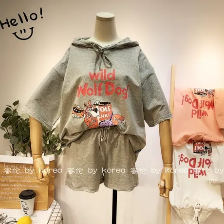 2020夏季短袖短裤两件套韩国东大门卡通连帽T恤套装宽松休闲大码商品大图
