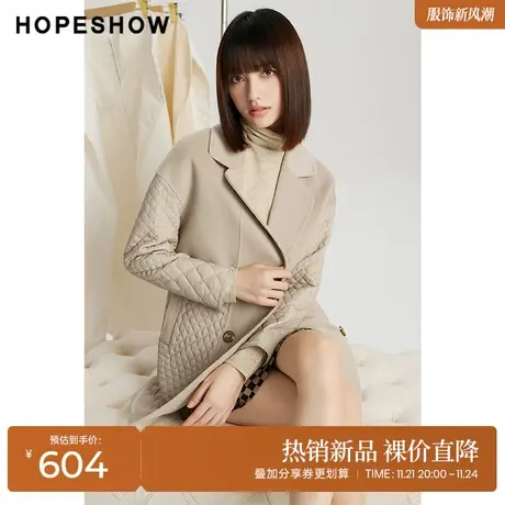 红袖outlets几何切格翻领大衣hopeshow2023冬款设计感小众外套女商品大图