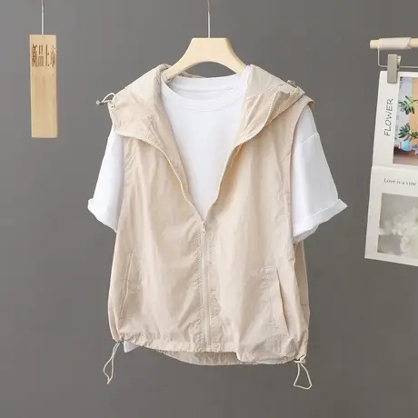 欧货连帽无袖防晒衣马甲女夏韩版宽松拉链冲锋衣马夹防晒衫薄外套图片