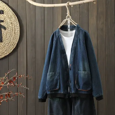 枫谜2021年秋装新款文艺复古V领牛仔外套女宽松休闲百搭牛仔上衣图片