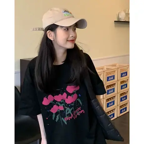 恤女短袖夏季黑色印花中长款半袖2024纯棉别致惊艳设计感上衣夏商品大图