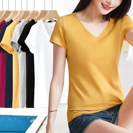 纯色t恤女短袖修身2024新款夏装纯棉简约百搭半袖v领正肩打底上衣商品大图