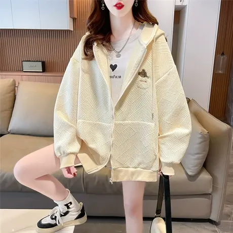 早春装连帽小熊卫衣女春秋季韩版宽松初春百搭薄款华夫格开衫外套图片