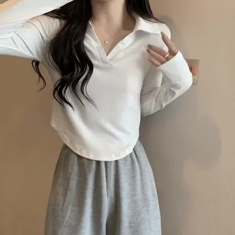 POLO领长袖T恤女韩版短款小个子秋冬装内搭德绒保暖打底衫上衣服商品大图