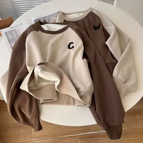 字母刺绣撞色插肩袖卫衣女秋冬季宽松显瘦加绒加厚短款圆领上衣服商品大图