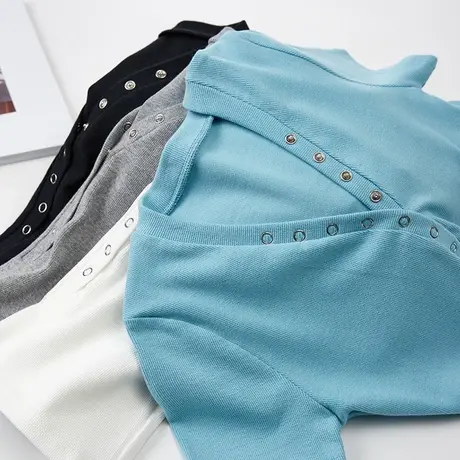 夏季新款V领纽扣修身纯色短款纯棉短袖体恤上衣韩版内搭打底衫女商品大图