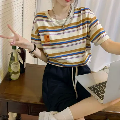 韩系t恤女慵懒风复古条纹短袖chic大码ins潮百搭减龄夏季纯棉上衣商品大图