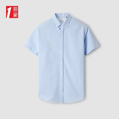 海一家清新格纹衬衣夏季扣领尖领简约休闲男士短袖衬衫图片