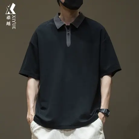 希越潮流拼接撞色半拉链Polo衫短袖男2024夏季新款宽松大码男装薄图片