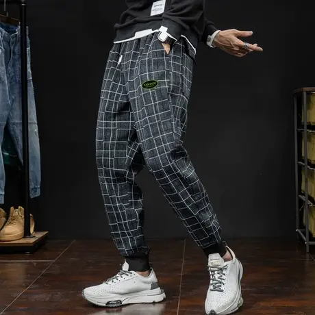 加肥加大裤子秋冬哈伦潮牌格子运动休闲裤男加绒宽松束脚男士卫裤商品大图