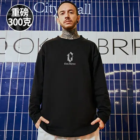 300克重磅美式字母纯棉长袖t恤男青少年oversize潮流宽松打底衫潮图片