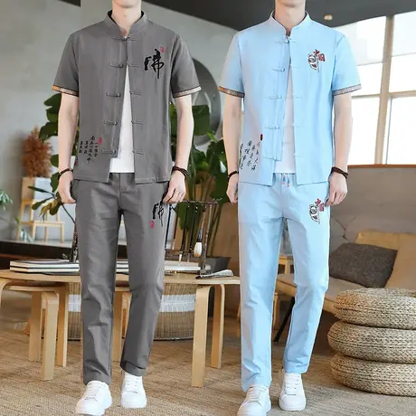 夏季棉麻套装男亚麻短袖t恤复古唐装休闲一套衣服 新款汉服两件套图片