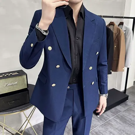 意式戗驳领布雷泽双排扣修身西装男薄款垂感外套商务通勤西服套装图片