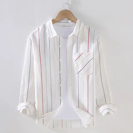 棉麻条纹衬衫男夏季薄款休闲男士长袖免烫衬衣宽松日系上衣外套潮图片