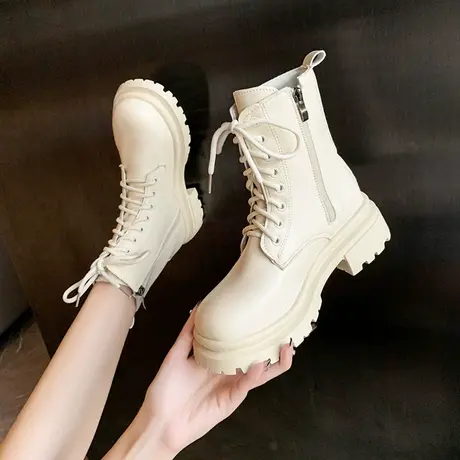 网红炸街马丁靴短靴女2023年新款秋冬系带厚底英伦风瘦瘦机车短靴商品大图