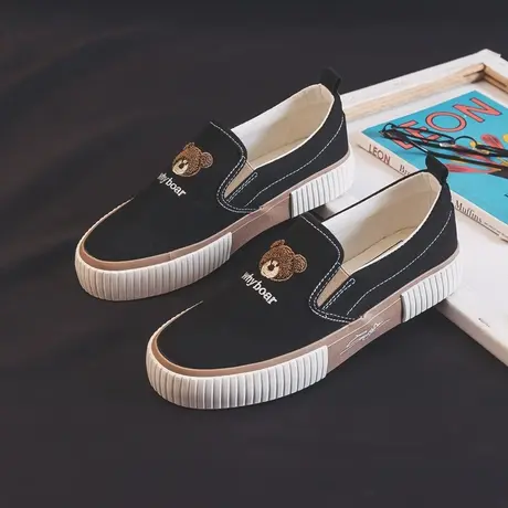 小熊黑色帆布鞋女2023工作练车一脚蹬懒人女鞋子百搭平底套脚板鞋图片