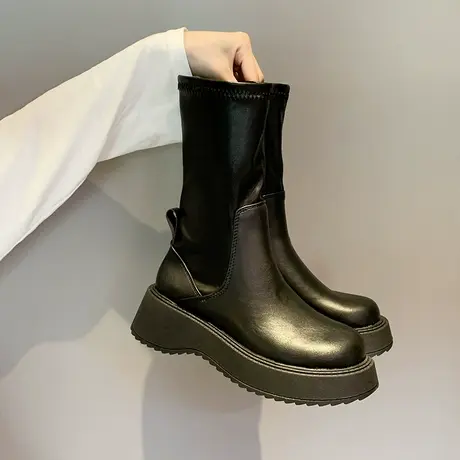 短靴女2023年春秋季新款网红时尚百搭厚底防滑瘦瘦靴切尔西中筒靴图片