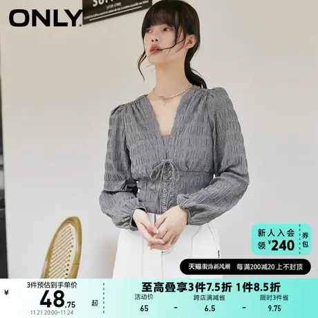 ONLY奥莱夏季复古长袖V领短款抽绳系带格子衬衫女商品大图