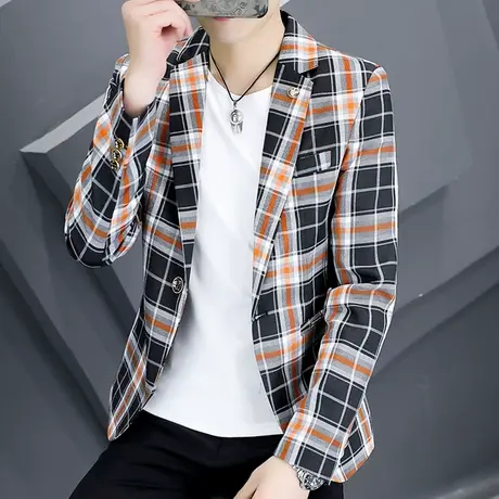 春季男装潮流设计感格子西装男士韩版撞色痞帅修身小西服外套上衣商品大图