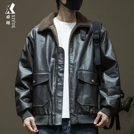 羊羔绒美式皮衣男秋冬季新款痞帅男士PU皮机车服宽松大码外套夹克图片