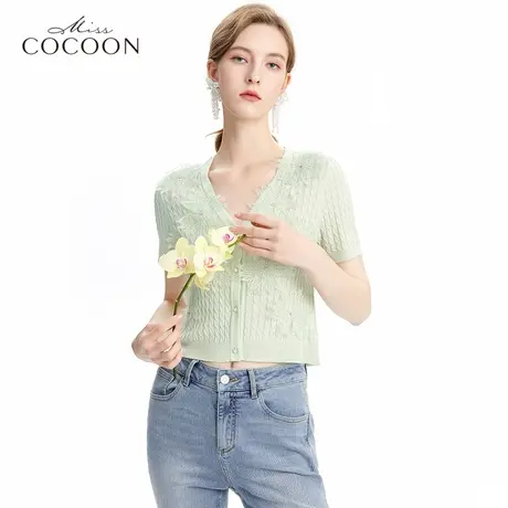 missCOCOON绿色针织上衣女夏2023新款设计感小众修身短袖小衫开衫商品大图