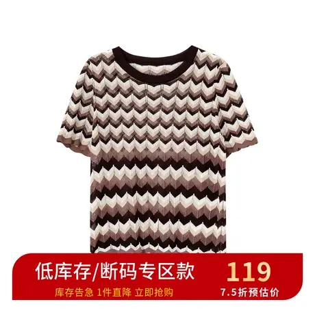 伊芙丽新款圆领短袖鱼鳞纹韩版针织衫休闲打底衫1B4631002SN商品大图