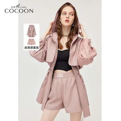 【秋上新】missCOCOON皮质连帽上衣2023秋新款甜酷收腰风衣外套女图片