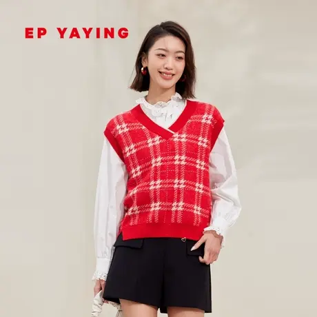 EP YAYING雅莹女装 时尚格纹V领针织马甲背心 2023新款9007A商品大图