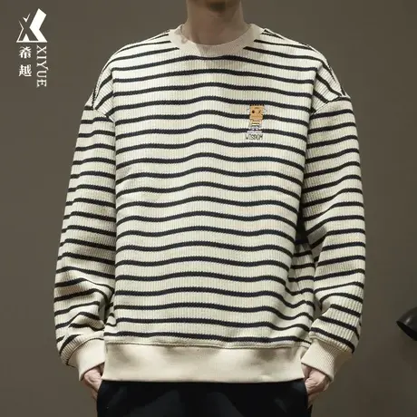 2023冬季颗粒绒重磅卫衣男士加绒加厚条纹撞色打底衫宽松大码男装商品大图