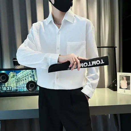 春秋季新款纯色长袖衬衫休闲简约上衣INS小众高级感潮男衬衣百搭图片