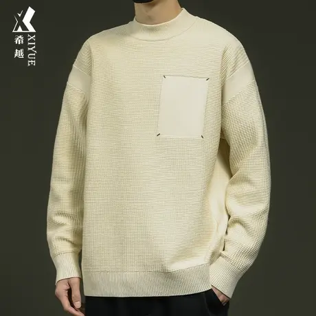 希越重磅格子毛衣男冬季新款12针圆领打底衫宽松大码男士针织毛衫商品大图