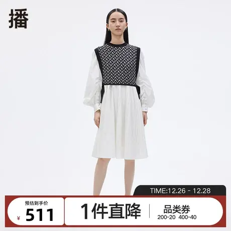 播两件套连衣裙春季新款复古压褶圆领灯笼袖女BDP3LD1812图片
