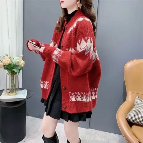 红色过年毛衣开衫女加厚秋冬2023新款宽松慵懒风软糯新年针织外套商品大图