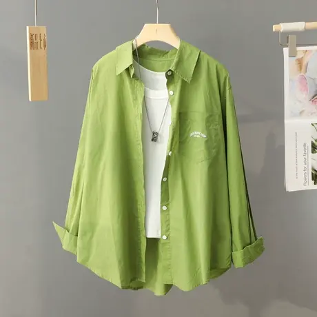 春秋款宽松衬衫女设计感小众高级感绿色洋气纯棉质感别致衬衣外套图片
