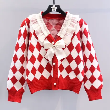 新年红色菱格蝴蝶结毛衣外套女冬季2024新款宽松设计感针织开衫图片