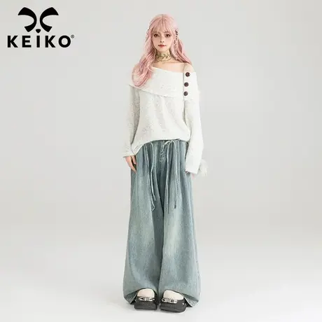 KEIKO 一字露肩白色针织衫2024春季设计感慵懒宽松显瘦上衣毛衣图片
