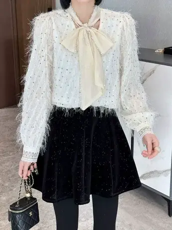 2024春季新款上衣法式高级感超好看衬衣绑带亮片气质长袖内搭衬衫商品大图