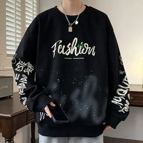 字母印花卫衣男士春秋款圆领长袖t恤男外套青少年休闲宽松上衣服T图片