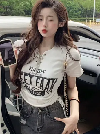 美式辣妹修身正肩短袖t恤女2024新款夏季小个子别致显瘦短款上衣商品大图