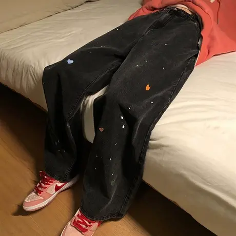 复古chic直筒黑色牛仔裤女2022高腰宽松ins显瘦百搭阔腿老爹裤子图片