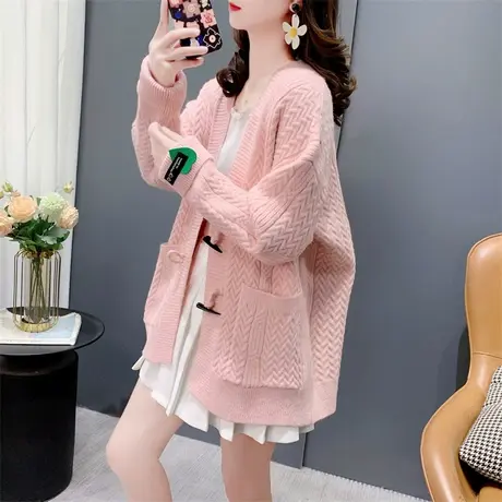 设计感牛角扣毛衣开衫女春季2024新款宽松慵懒风百搭针织外套上衣图片