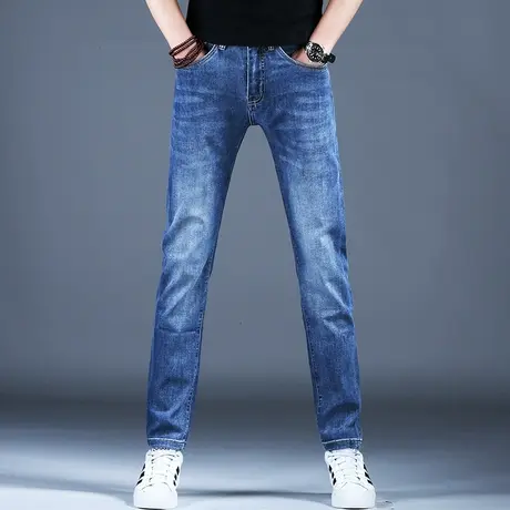 2024男士春季牛仔裤子简约浅蓝色修身烫钻小脚裤棉弹休闲宽松潮牌商品大图