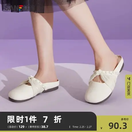 三福包头拖鞋女新款交叉网纱珍珠娃娃头玛丽珍淑女外穿凉鞋818662商品大图