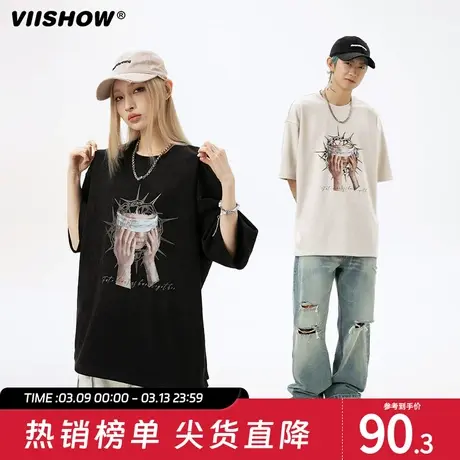 VIISHOW美式街头印花短袖T恤男生2024夏新款青少年宽松刺绣T恤潮商品大图