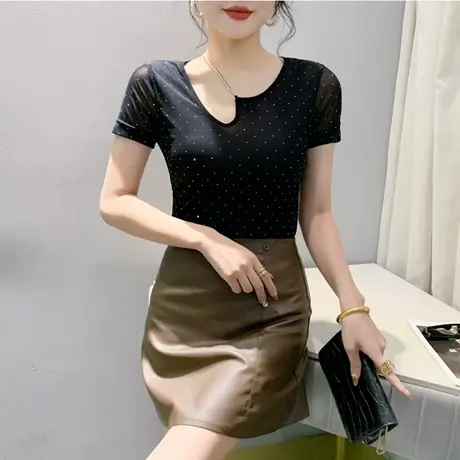 设计感短袖打底衫网纱拼接烫钻不规则链条气质上衣女修身百塔T恤商品大图